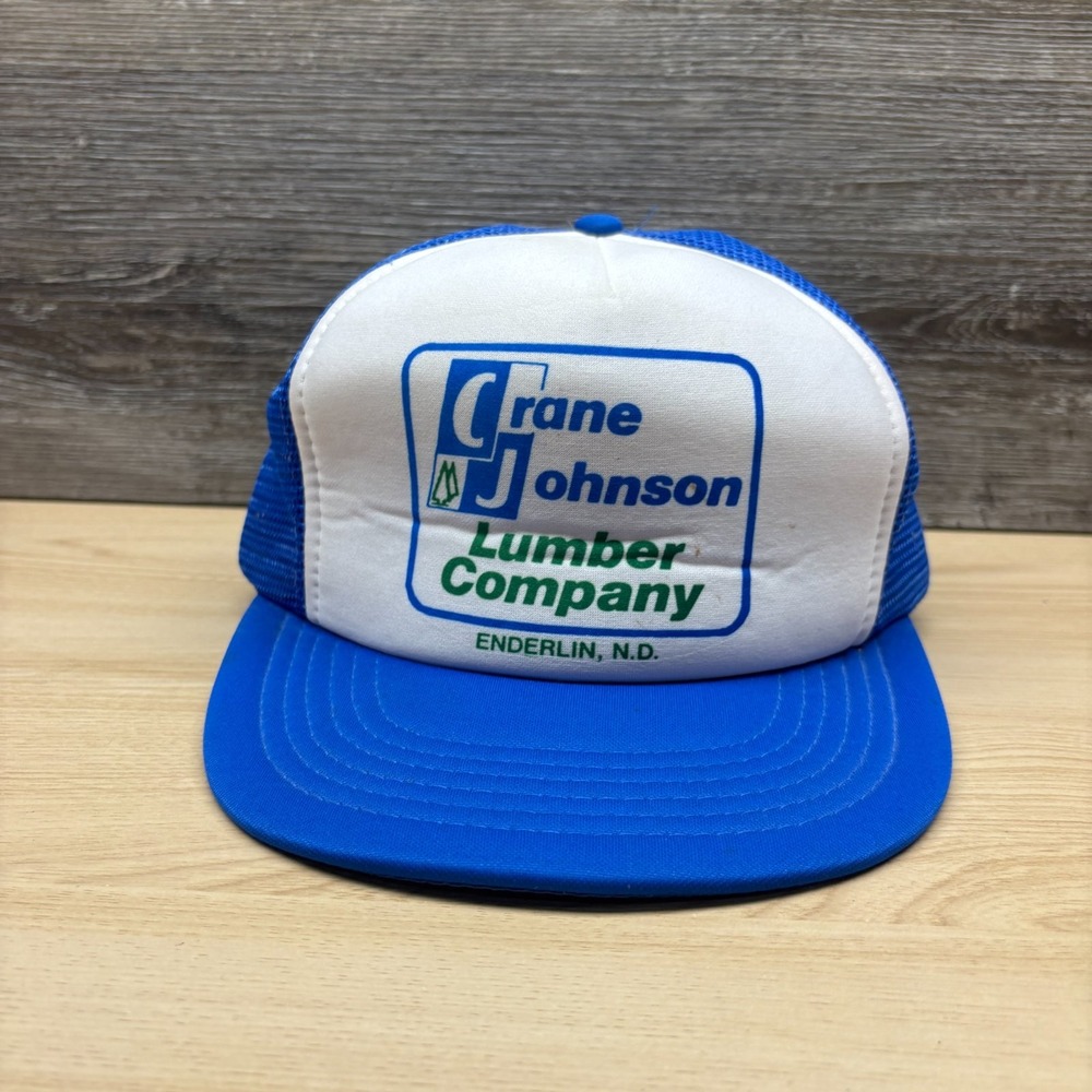 Vintage Crane Johnson Lumber Company Hat Cap Snap Back Blue White ND Trucker 80s